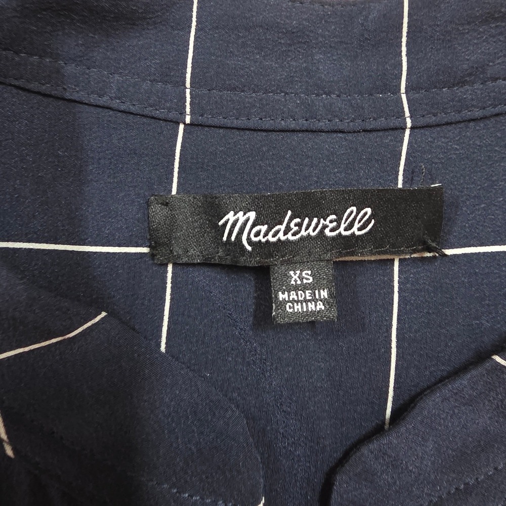 Madewell Navy Silk Windowpane Lace Up Blouse F5658 Womens XS Grid Long Sleeve - Picture 5 of 8
